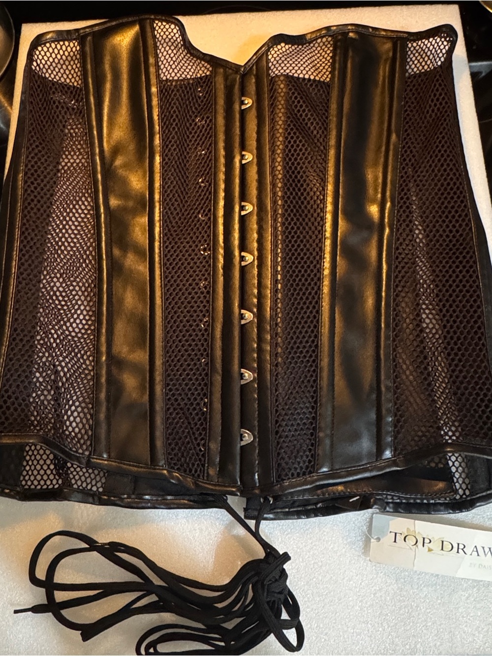 NWT Top Drawer Sz 2X Black Mesh & Faux Leather Corset